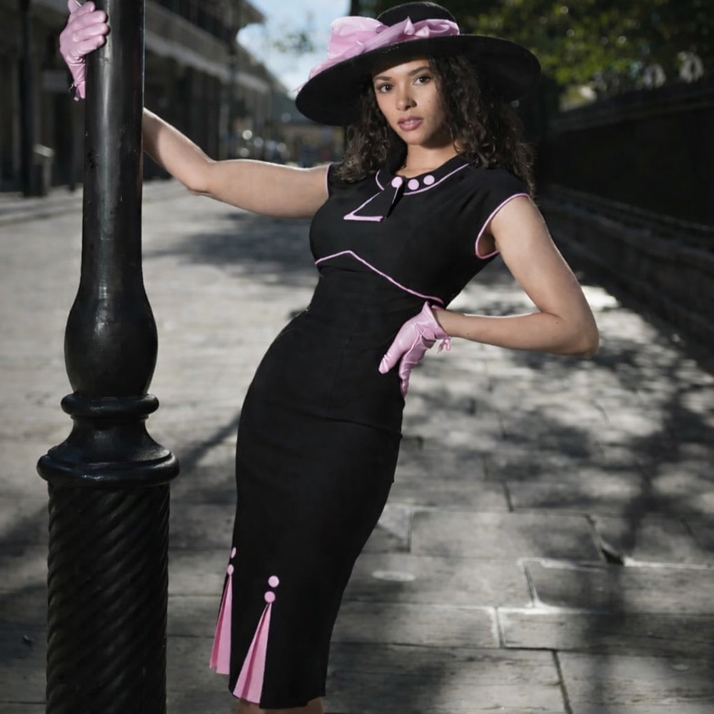 NWT Stop Staring! 30’s Bombshell Fitted Wiggle Dress Black Pink Barbie Retro